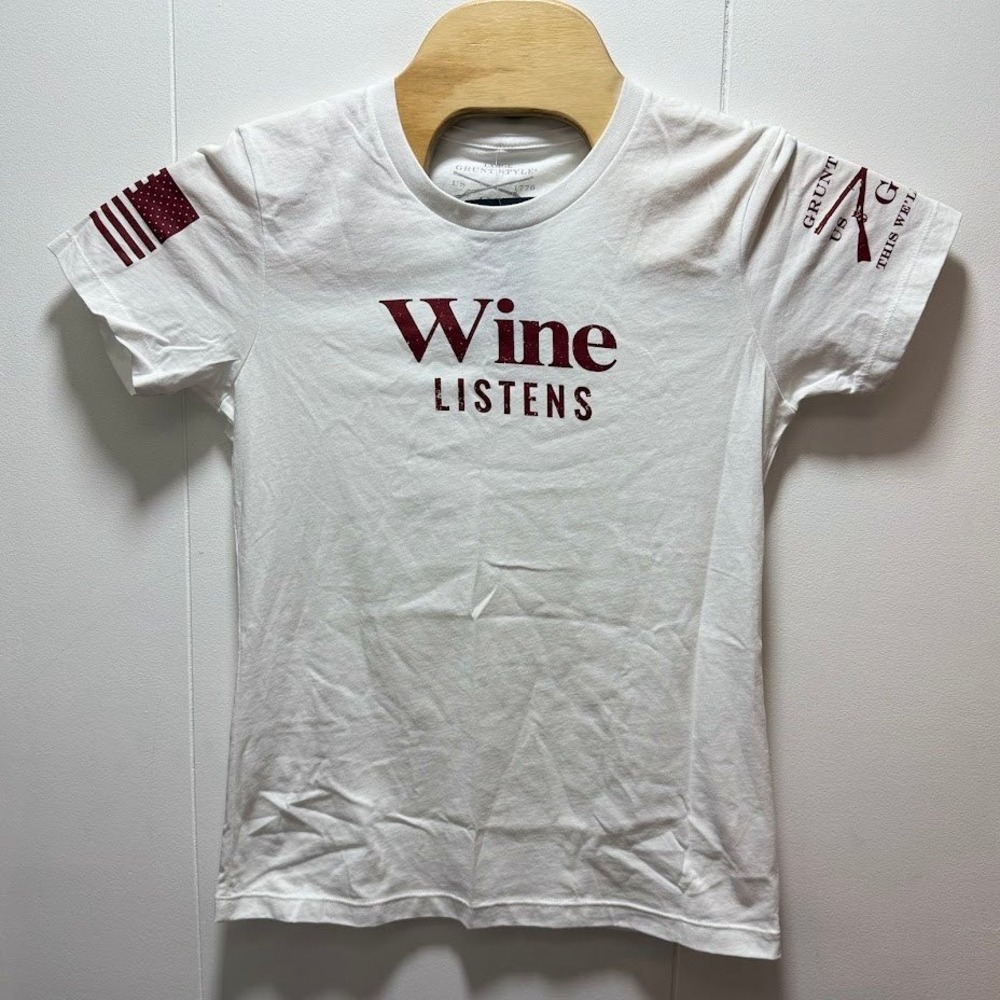 Grunt Style Women Wine Listens Graphic Tee White Cotton T-Shirt Size Large NEW